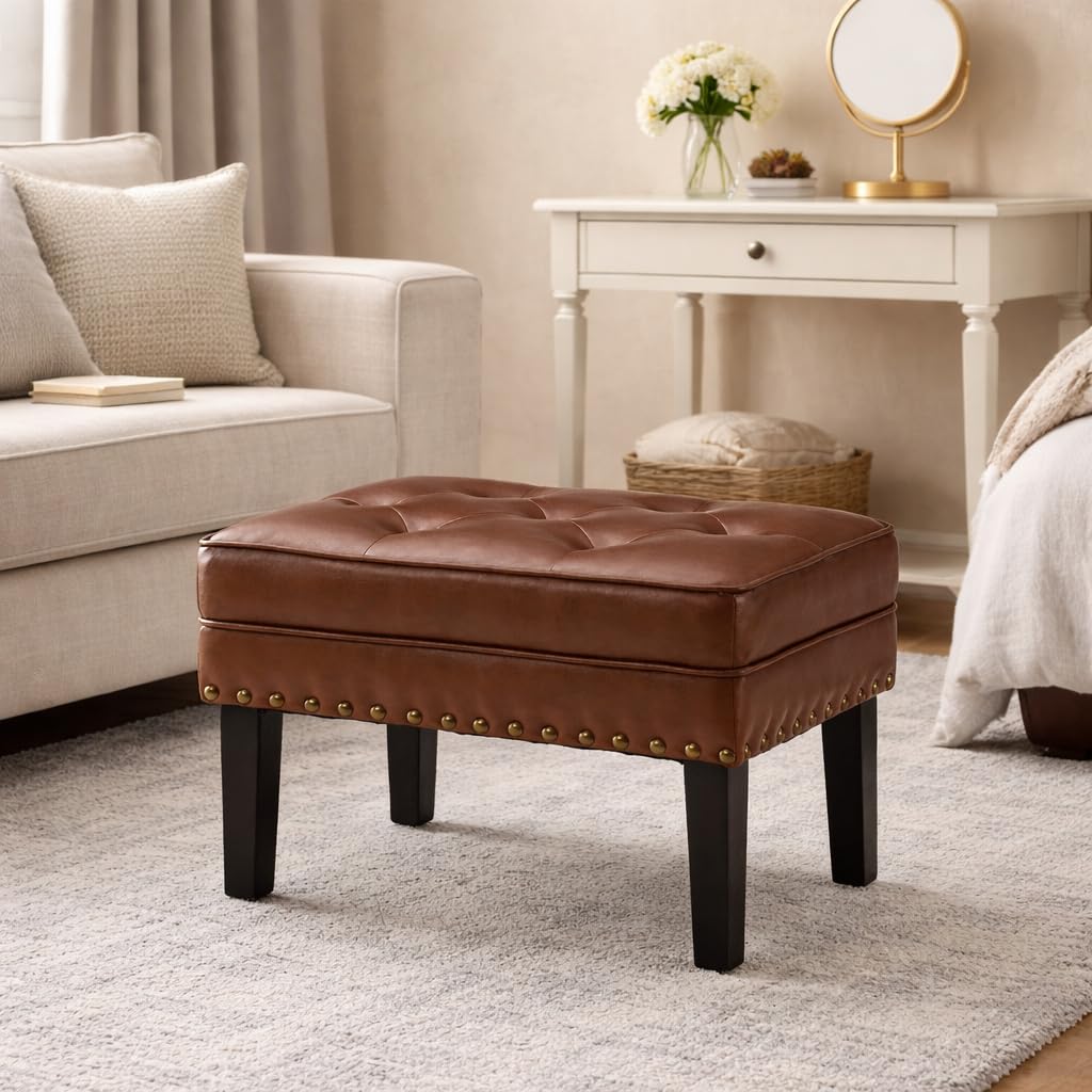 Faux Leather Foot Stool, Mid Century Modern Foot Stools Ottoman, Vintage Ottoman Tufted Square Vanity Seat, Coffee