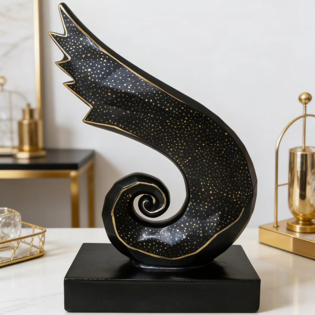 Black Gold Abstract Wing Resin Sculpture - Starry Gold Speckled Spiral Figurine Office Shelf Decor, Housewarming