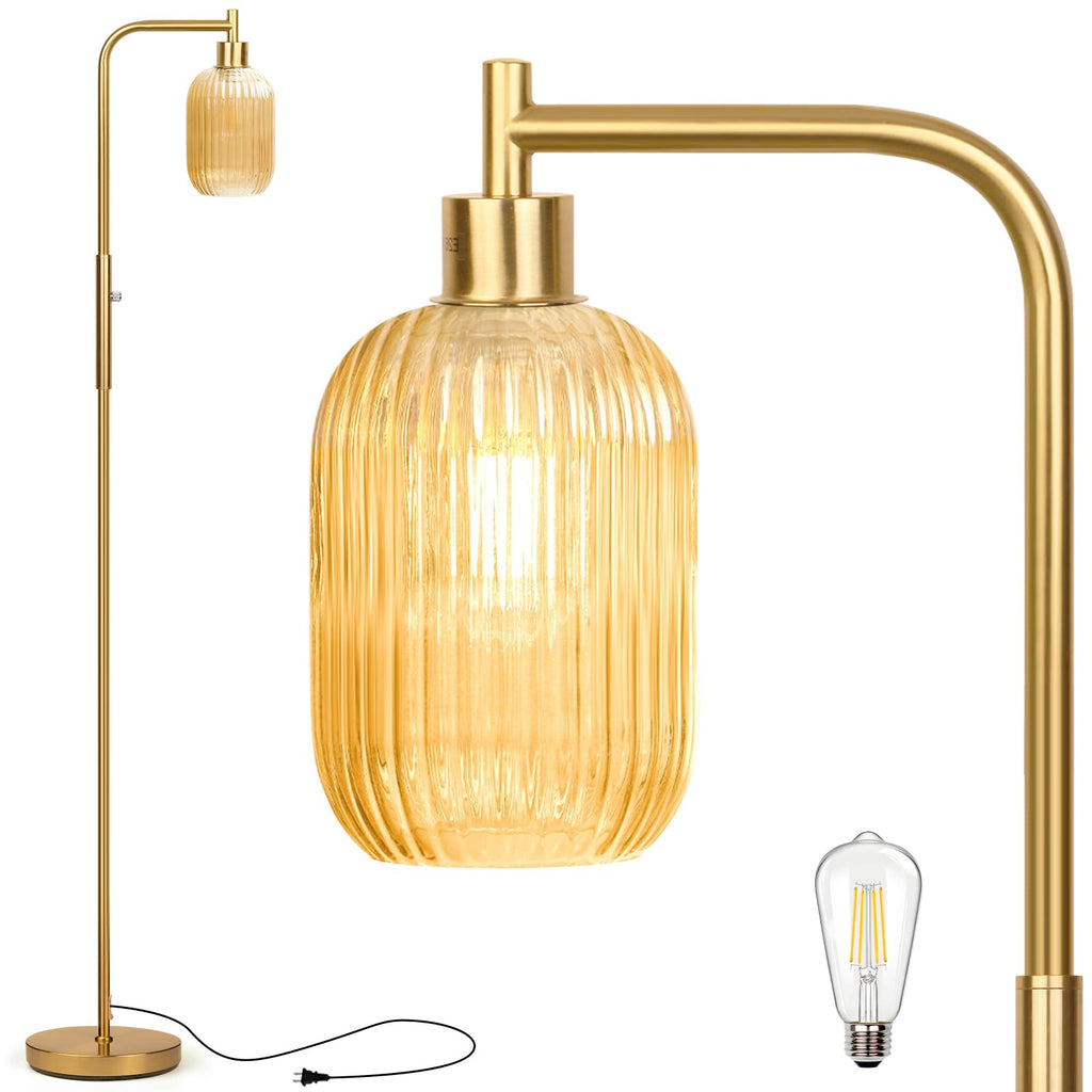 Glass Floor Lamp, Dimmer Standing Lamp with Green Ribbed Lampshade, 66" Tall Lamp & Gold Floor Lamp Study