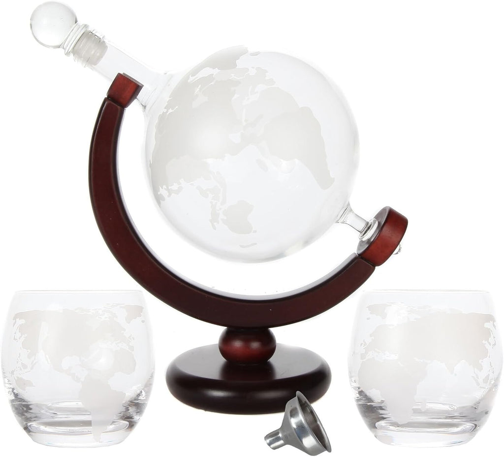 World Globe Whiskey Decanter with Dark Finished Wood Stand, Bar Funnel, and 2 Matching Glasses (850 ml)