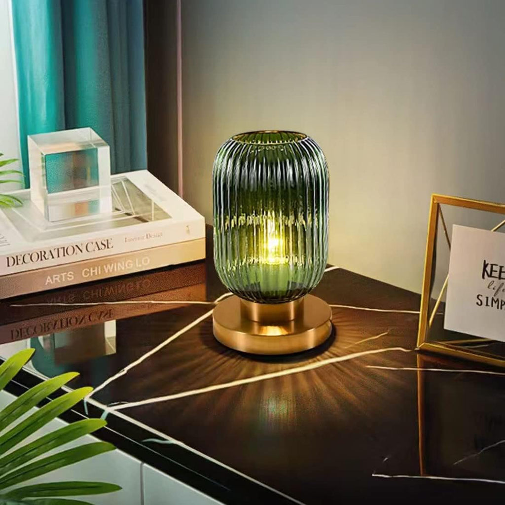 Glass Table Lamps Mid Century Modern Globe Table lamp Gold Desk lamp nightstand lamp with Green Pumpkin Design Ribbed