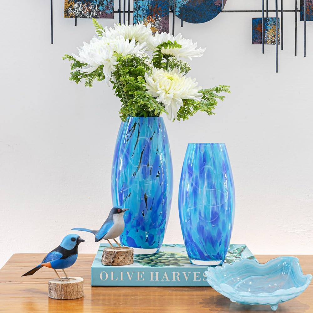 Murano Style Art Glass Vase Hand Blown Blue Confetti Effect Home Decor