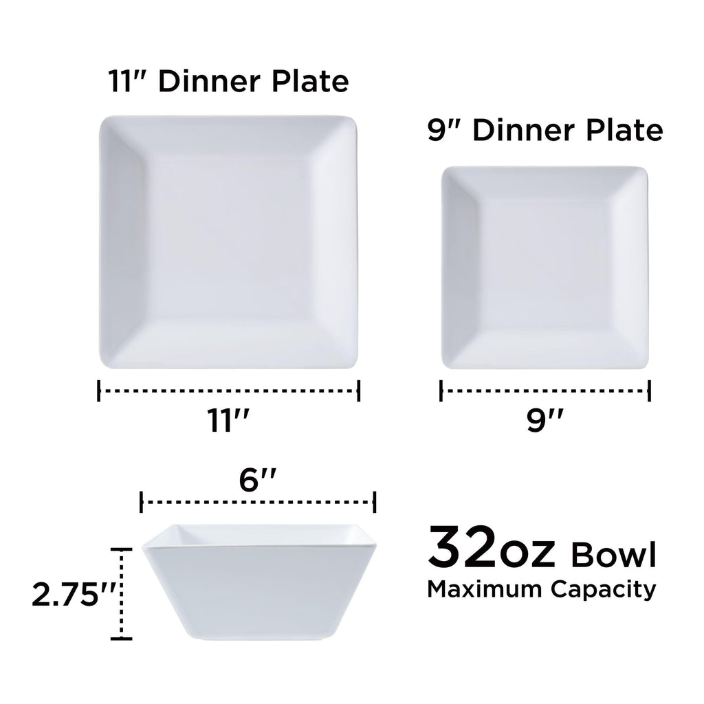 TP 12-Piece Melamine Dinnerware Sets, Square, Service for 4, White