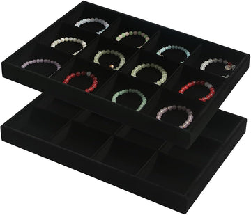 Black Velvet Stackable 12 Grids Jewelry Organizer Tray Bracelet Display Stand for Selling Velvet Necklace Holder - Set of 2