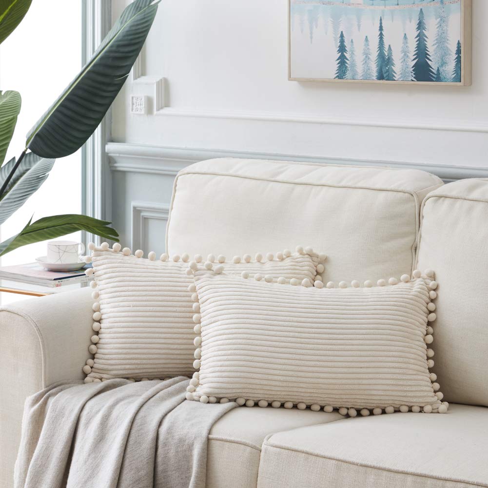 Pack of 2 Boho Rectangle Decorative Throw Pillow Covers with Pom-poms, Soft Corduroy Accent Solid Cushion Case Set