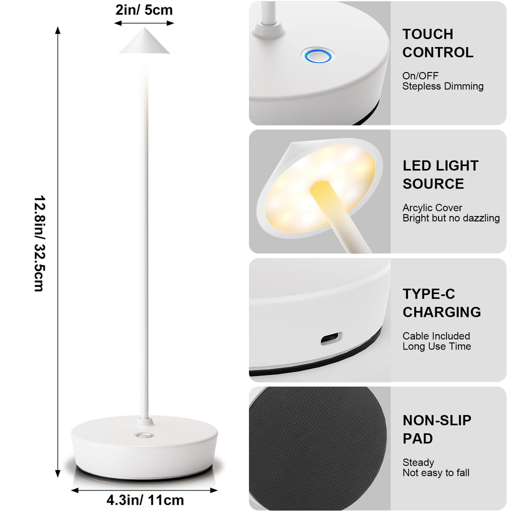 2Pack Rechargeable Cordless Table Lamp, Portable Powered LED Battery 6000mAh Metal USB Desk Lamp, 3 Levels Brightness
