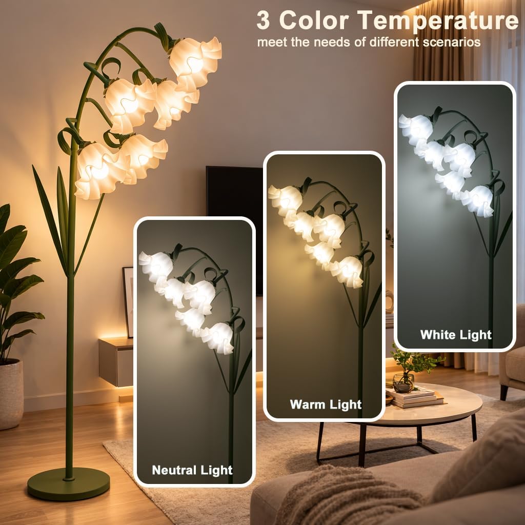 Flower Floor Lamp, Arc Floor Lamp with 5 E26 LED Bulbs, Cute Green Floral Standing Lamp with 3 Color Modes, Foot