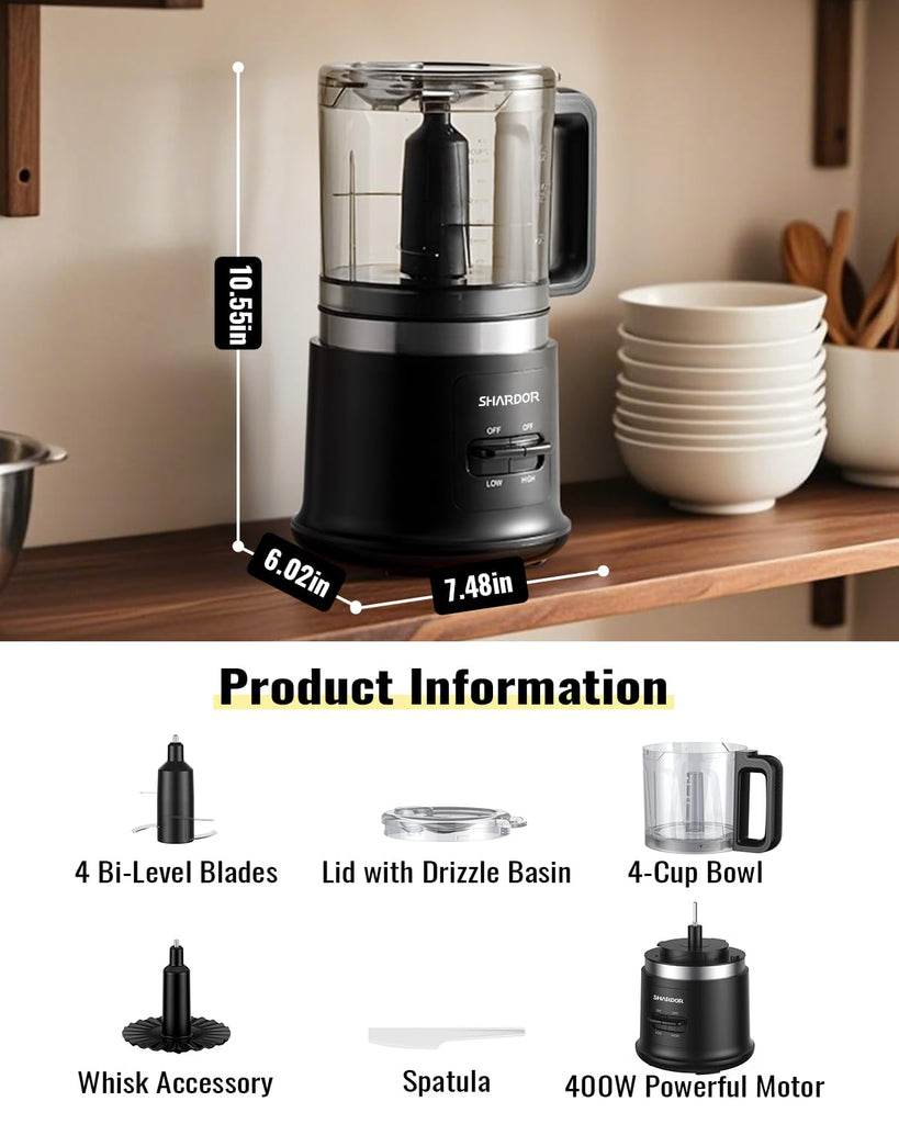 Chopper, 4 Cup Mini and Fast Food Processor, Electric Meat Grinder with 2 Speed, 4 Stainless Steel Blades, and Whisk