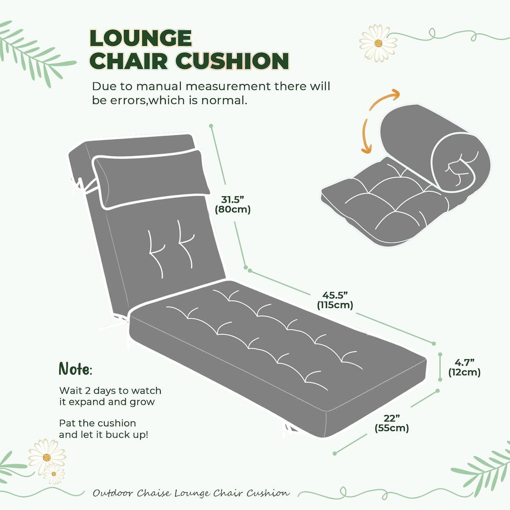 Waterproof Lounge Chair Cushion Outdoor for Chairs, Fade Resistant Chaise Lounger Replacement Cushions with 6 Ties