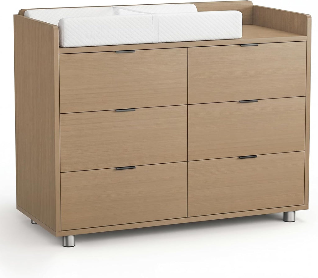 Pro 6-Drawer Baby Dresser with Changing Table, Easy Assembly | Walnut Wooden Nursery Dresser, Anti-Tip Design &