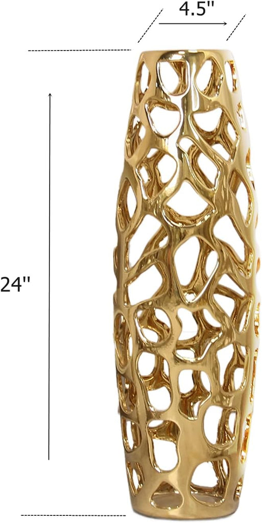 Large Modern Ceramic Floor Vase 24'' H Gold | Handmade Flower Holder Hand Carved Sophisticated Vessel for Decorative