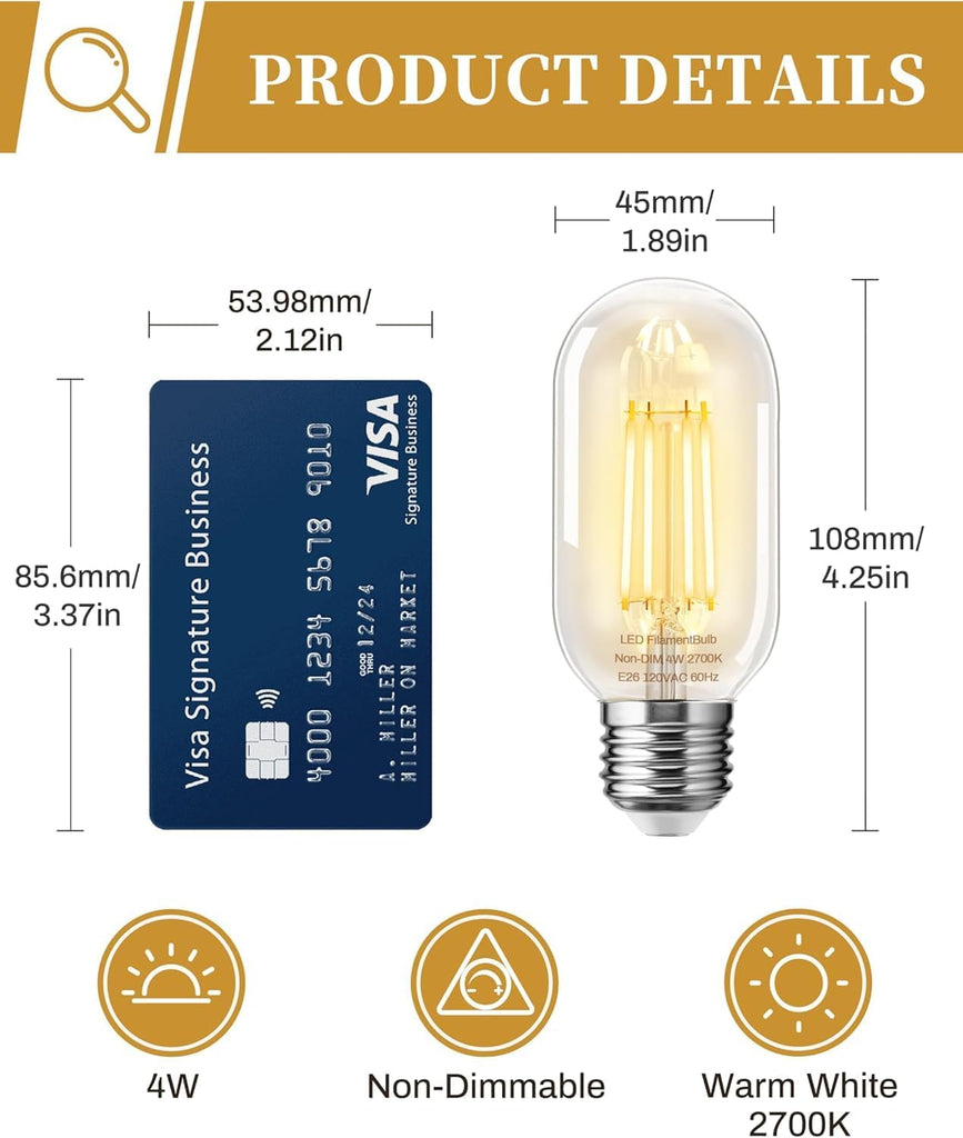 E26 LED Light Bulb 4W,Equivalent 40W,T14/T45 Tubular Light Bulb Non Dimmable 5000K Daylight White,Antique Clear
