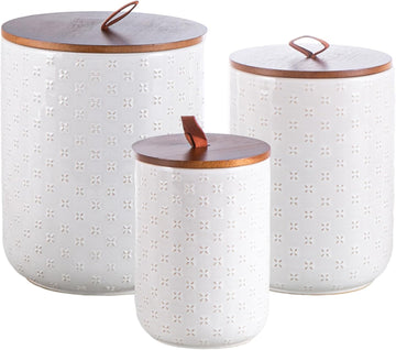 Embossed Ceramic Canister Set with Airtight Bamboo Lid - Set of 3