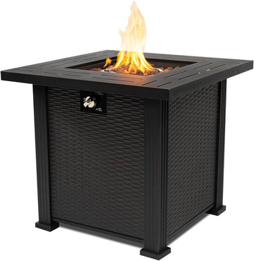 28'' Propane Fire Pit Table, 50,000 BTU Fire Table with Steel Lid, Big Legs, Laval Rocks.