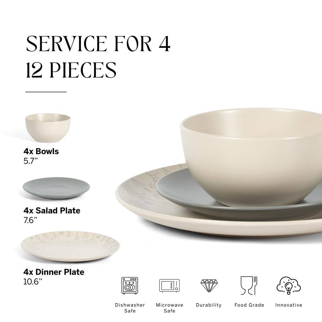 Lain Camelia 12-Piece Stoneware Dinnerware Set, Dinner Plates, Salad Plates & Bowls, Service for 4, Dishwasher &