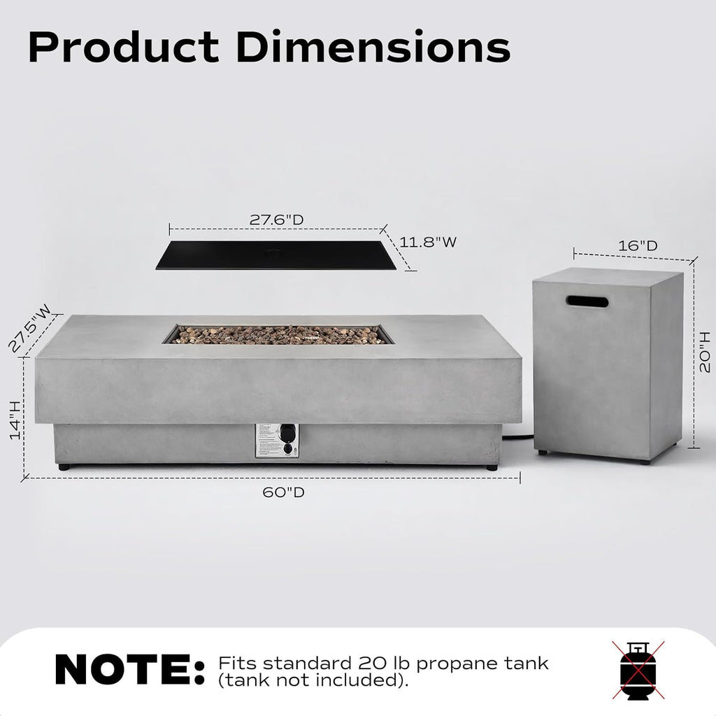 60-inch Outdoor Propane Fire Pit Coffee Table with Tank Cover, 50,000 BTU Concrete Rectangle Modern Outside Fire