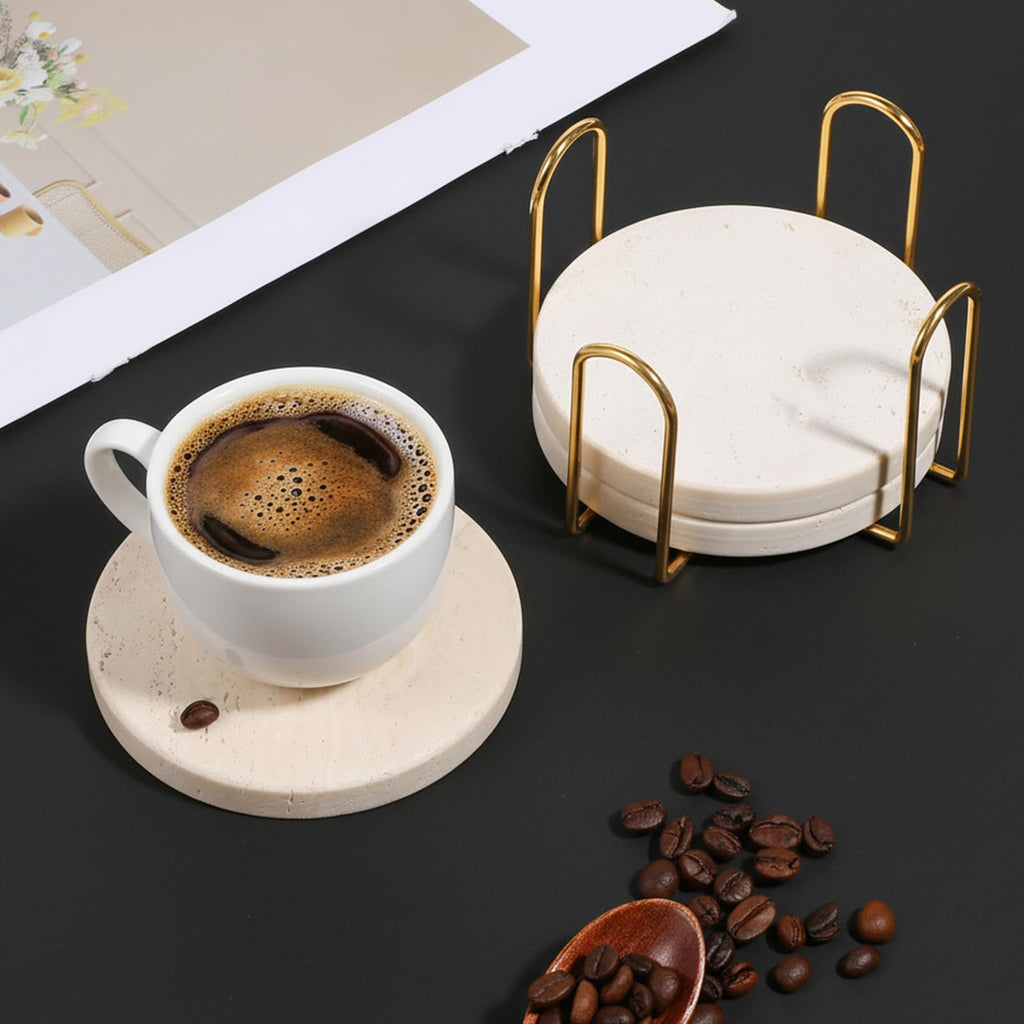 4 Pcs 4 inches Beige Travertine Coasters with Holder