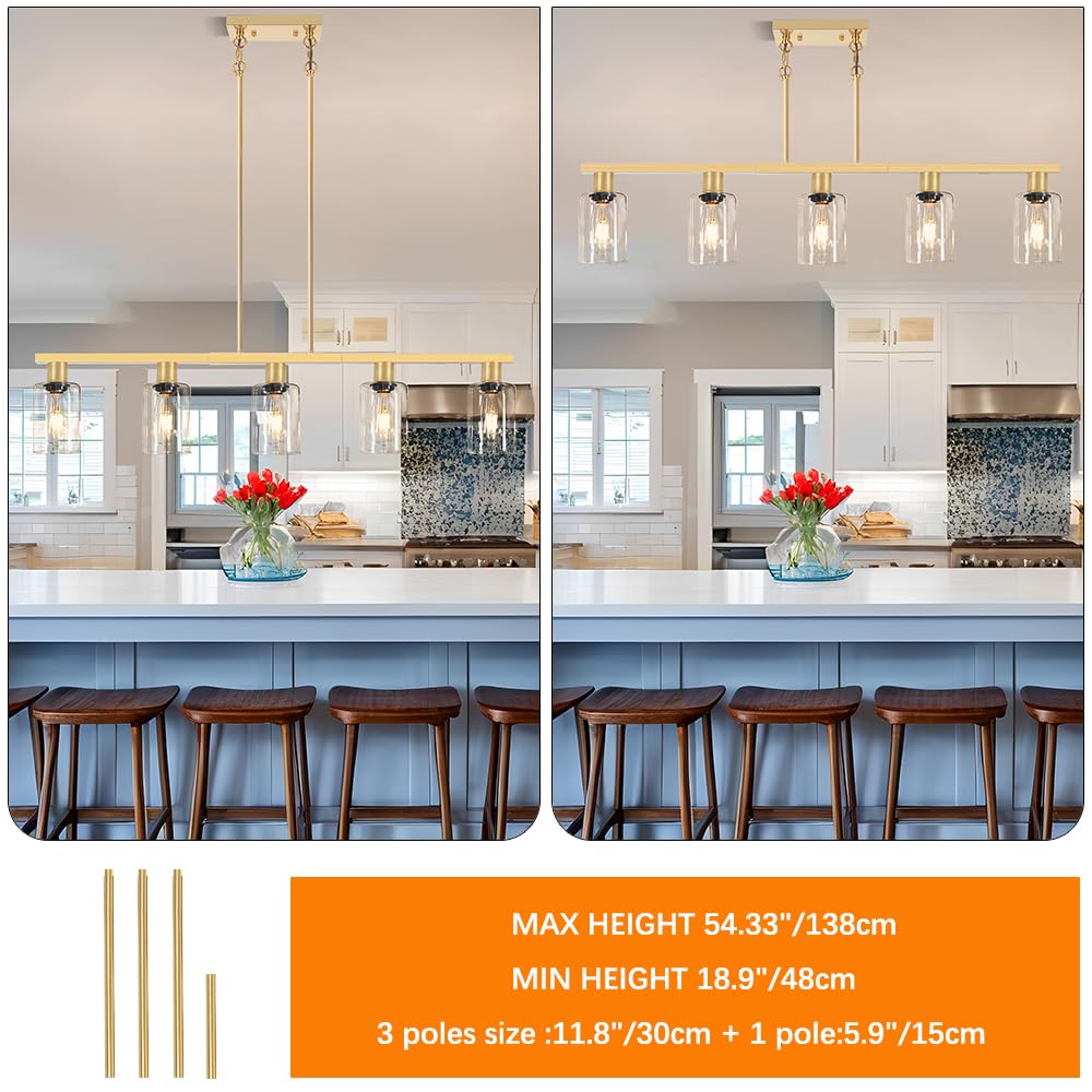5-Light Kitchen Island Lighting Gold Adjustable Chandelier, Farmhouse Dining Room Light Fixtures Over Table, Height