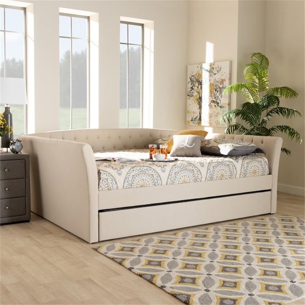 Delora Modern and Contemporary Beige Fabric Upholstered Queen Size Daybed with Roll-Out Trundle Bed