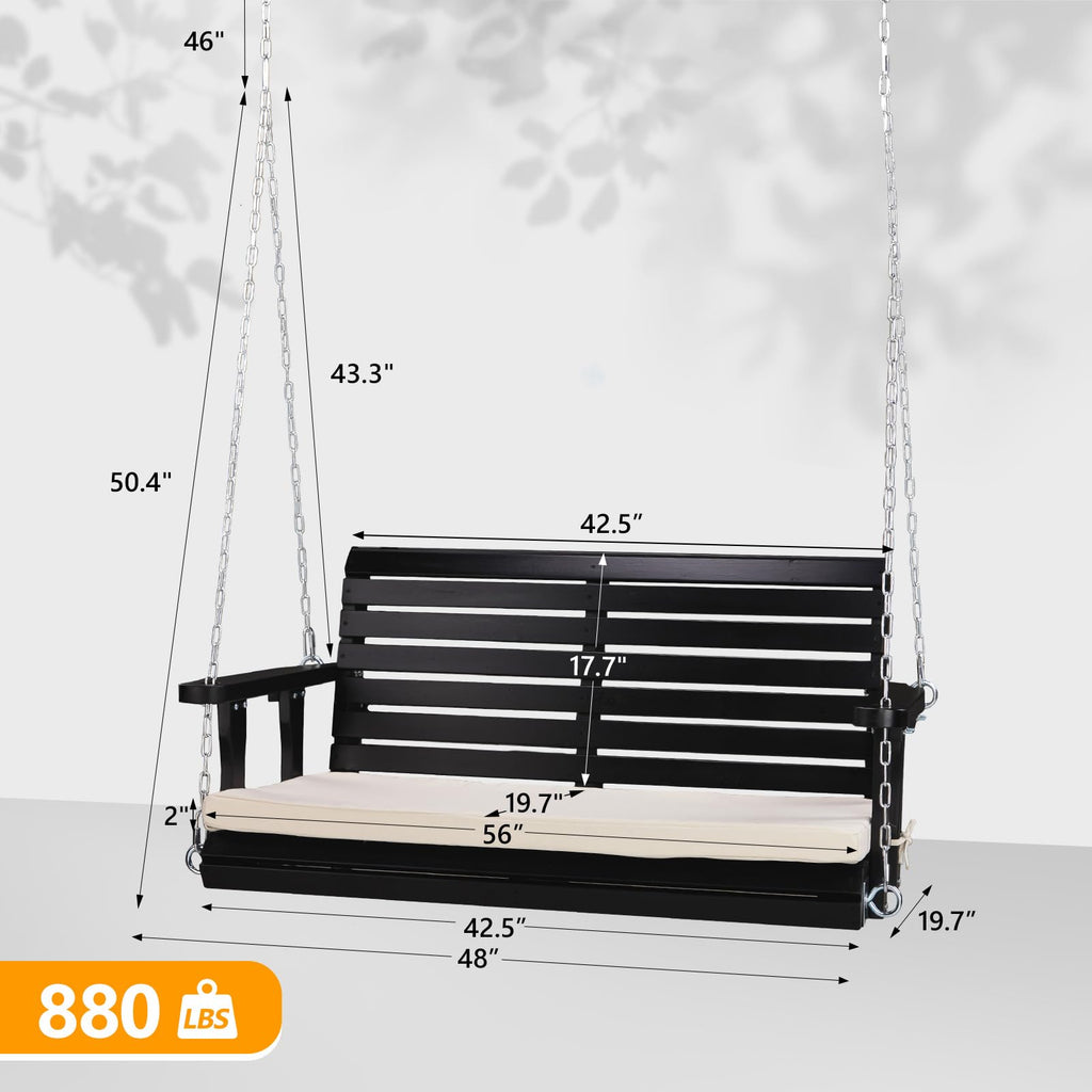 4 FT Heavy Duty Porch Swing with Cushion, 880 LBS Wooden, Black