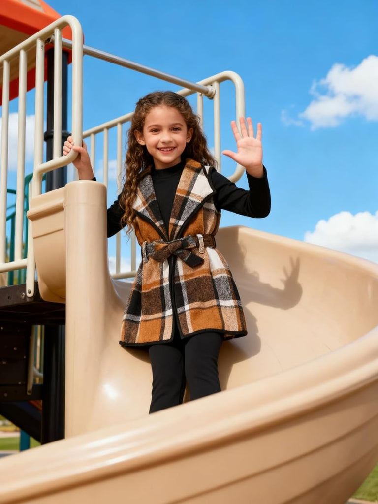 Kid Girls Clothes 3 Piece Outfits Plaid Flannel Belted Vest & Long Sleeve Top and Pants- Fall Clothing Sets