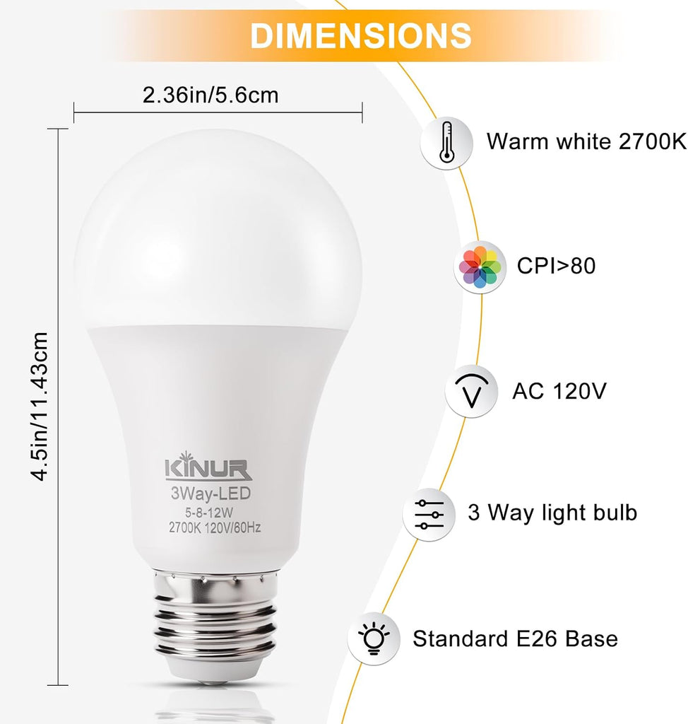 3-Way LED Bulbs 30/70/100 Watt Equivalent, 2700K Soft White, A19 E26 Base, 500lm-800lm-1200lm, 3-Way Dimmable Light