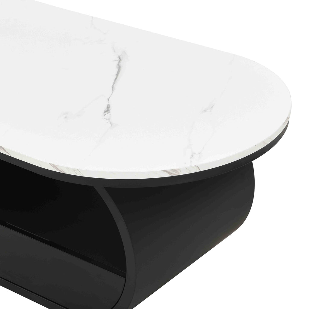 Faux Marble Oval Coffee Table with Storage Drawer Pedestal Base