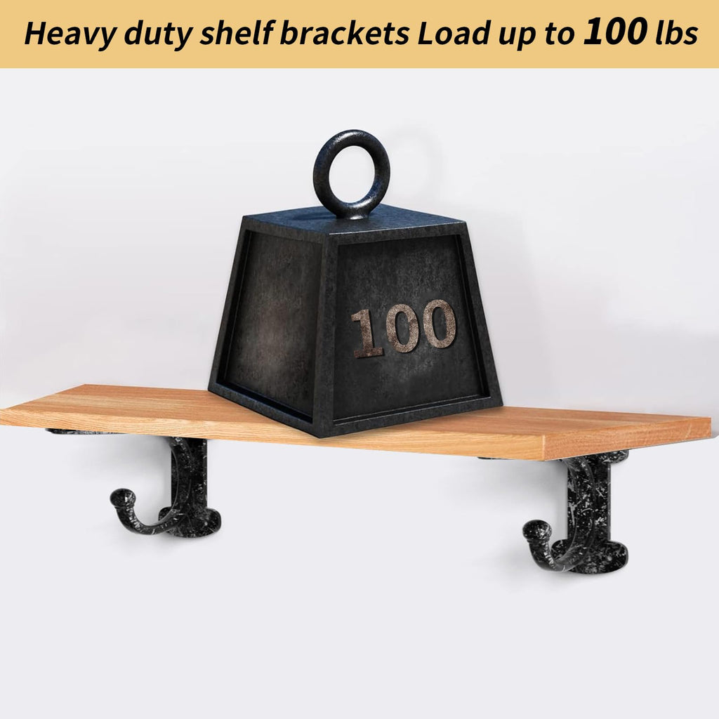 Cast Iron Shelf Brackets 4 Inch, 4 Pack Black Rustic Shelf Brackets with Hooks, Heavy Duty Floating Brackets Wall