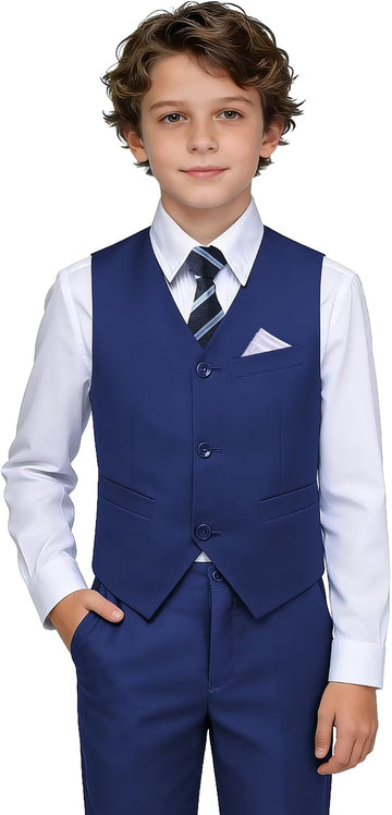 Boys Suit Kids Dress Pants Vest Suits Set with Shirt Tie Pocket Square