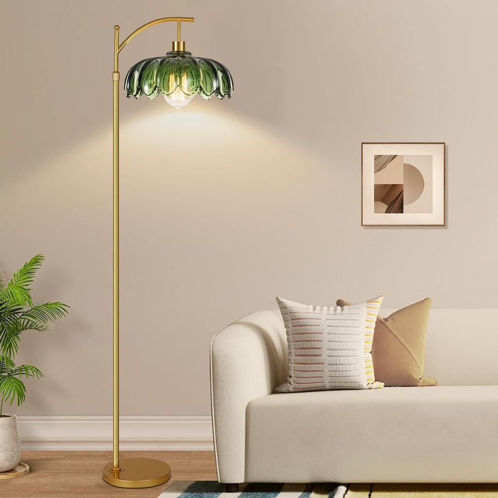 Gold Floor Lamps, Glass Floor Lamp with Remote Control & Green Lampshade, Arc Flower Lamp Dimmable Mid Century Modern