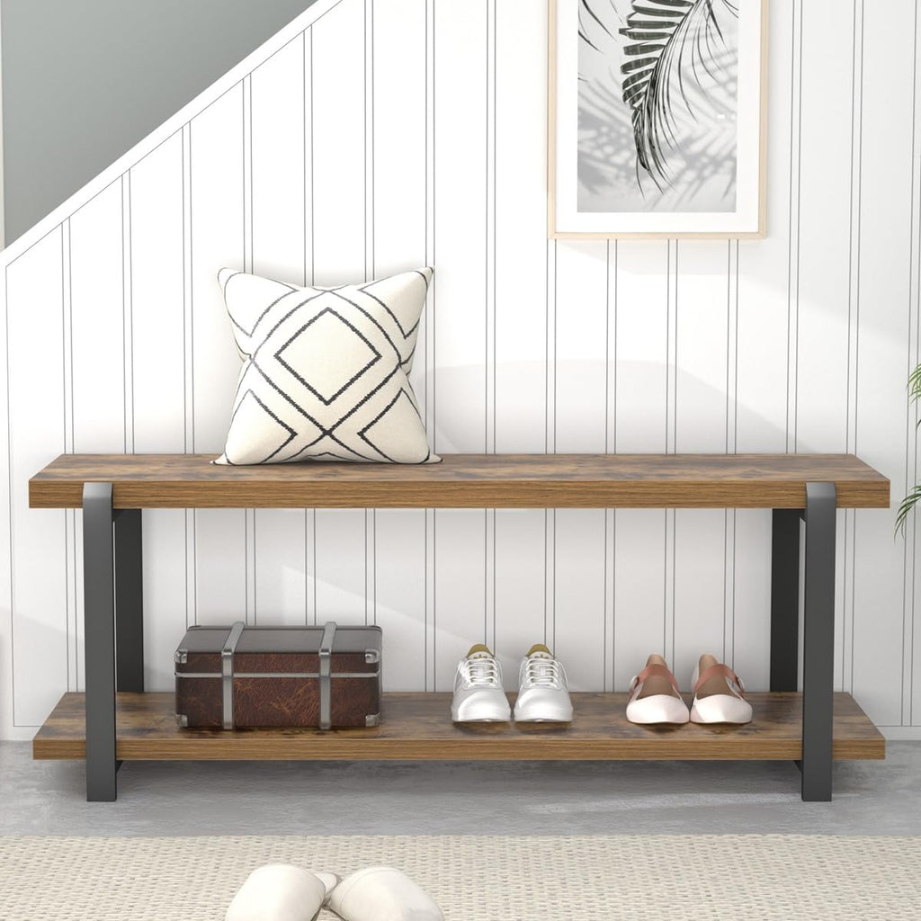 Entryway Bench, Industrial Shoe Storage Bench Bedroom, Rustic Brown
