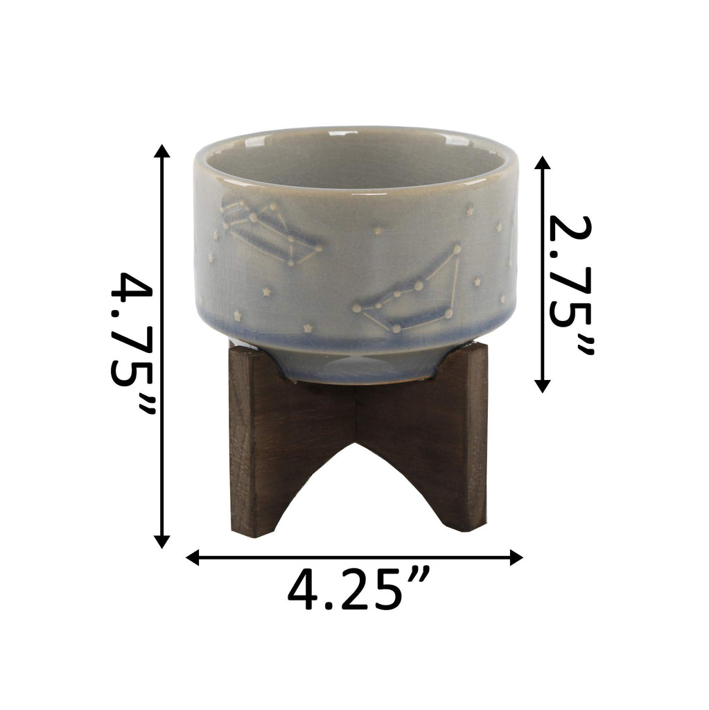 4 Inch Constellation Ceramic Pot on Wood Stand Mid Century, Glass Blue 4"
