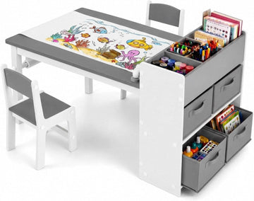 Kids Art Table & 2 Chairs Set, Wooden Activity Craft Desk w/ Paper Roll