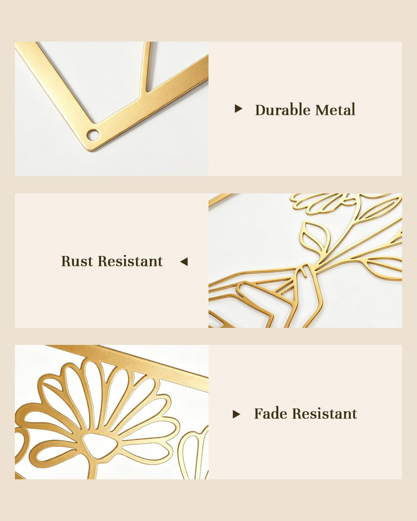 Golden Metal Wall Art Set, Woman Line Art & Floral Wall Decor - Set of 3