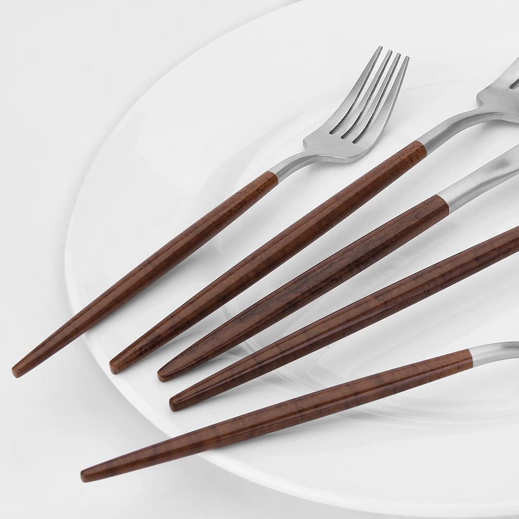 Matte Silver Silverware Set With Brown Handle, 20 Piece Stainless Steel Cutlery Flatware Set, Kitchen Utensil Sets