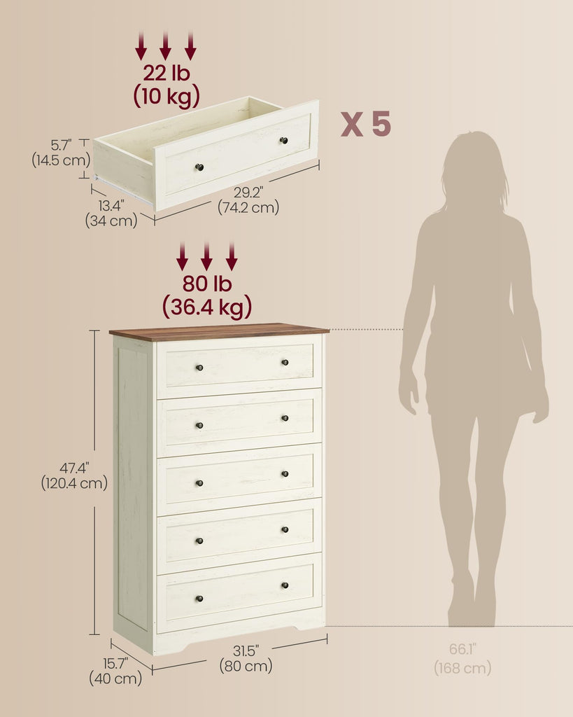 5-Drawer, Chest of Drawers, 31.5 x 15.7 x 47.4 in