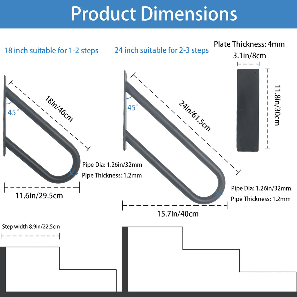 Handrails for Outdoor Steps, 1-2 Steps Wall Mount Stair Railing