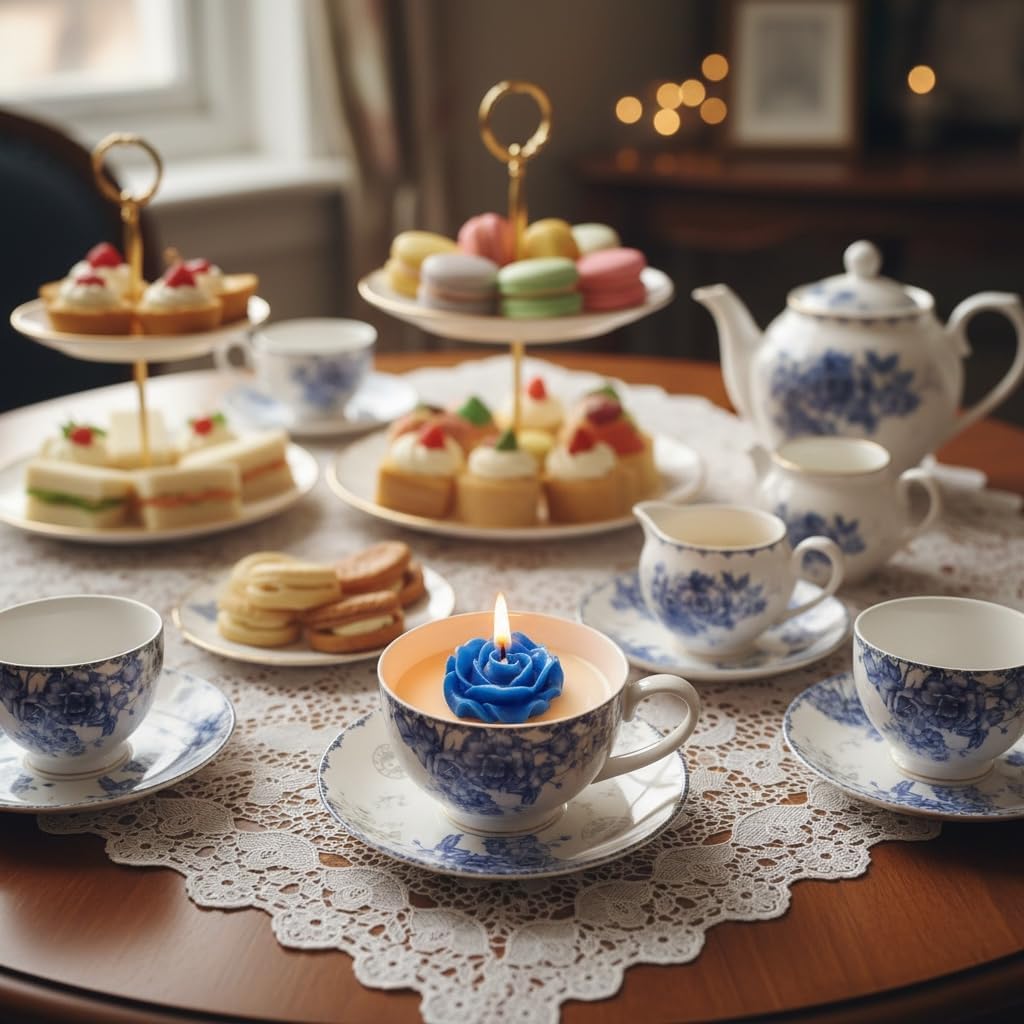 K_R Afternoon Tea Scented Candle in Blue Floral Porcelain Teacup with Saucer, White Tea Fragrance, Hand Poured - Set of 6