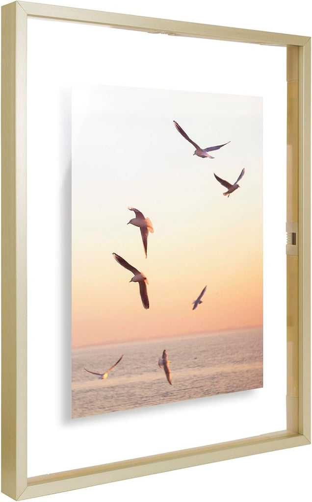 11x14 Gold Aluminum Floating Picture Frame Real Glass | Tempered Glass Front, Plexiglass Back, Wall Mount Display
