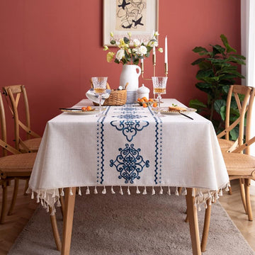 Table Cloth Embroidery Damask Pattern Wrinkle Free Heavy Weight Cotton Linen Farmhouse Tablecloth De
