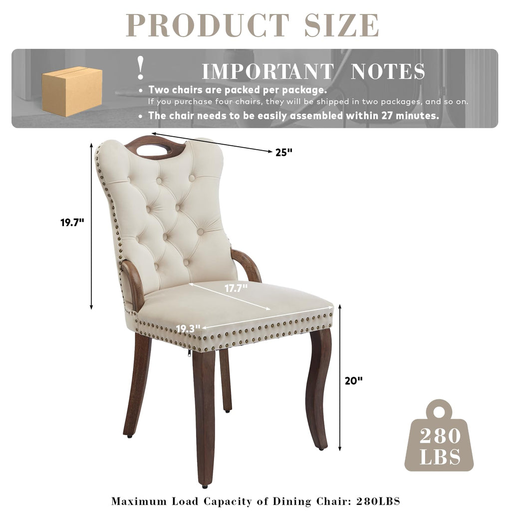 Velvet Dining Chair Set of 2, Solid Wood Handles, Upholstered Tufted Dining Room Chair with Nailhead Trim (Beige)