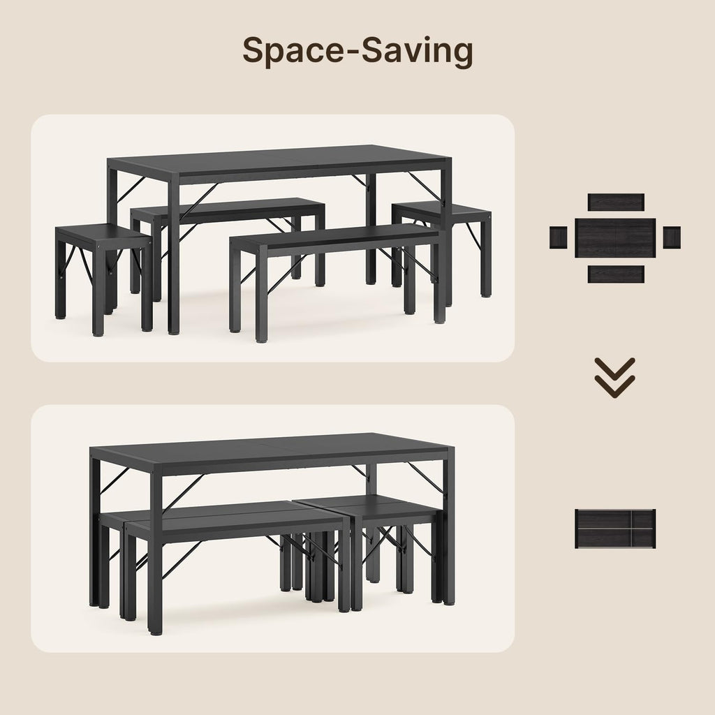 63" Dining Table Set for 6, Kitchen Table w/Bench & Stools Black