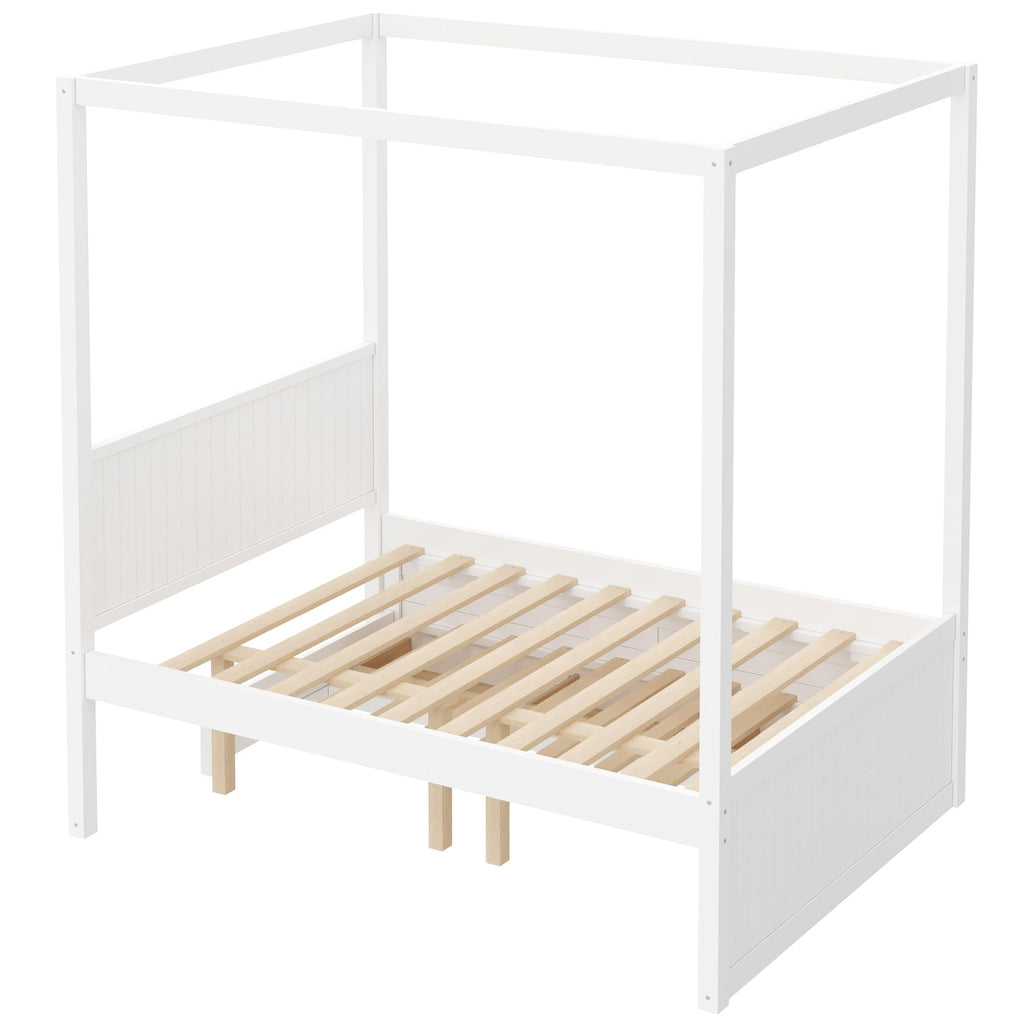 Canopy Bed Frame, Farmhouse Wood 4 Poster Platform Bed with Storage Drawers and Trundle, No Box Spring