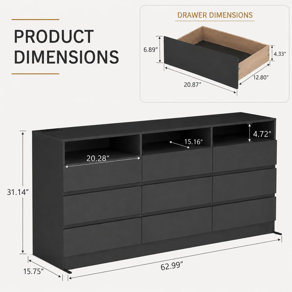 9 Drawer Black Dresser with LED Lights & Power Outlet