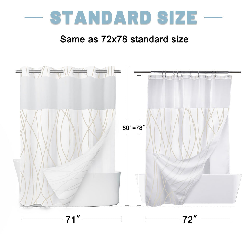 Beige Khaki Ringless Shower Curtain with Liner, 71 x 80 Inch