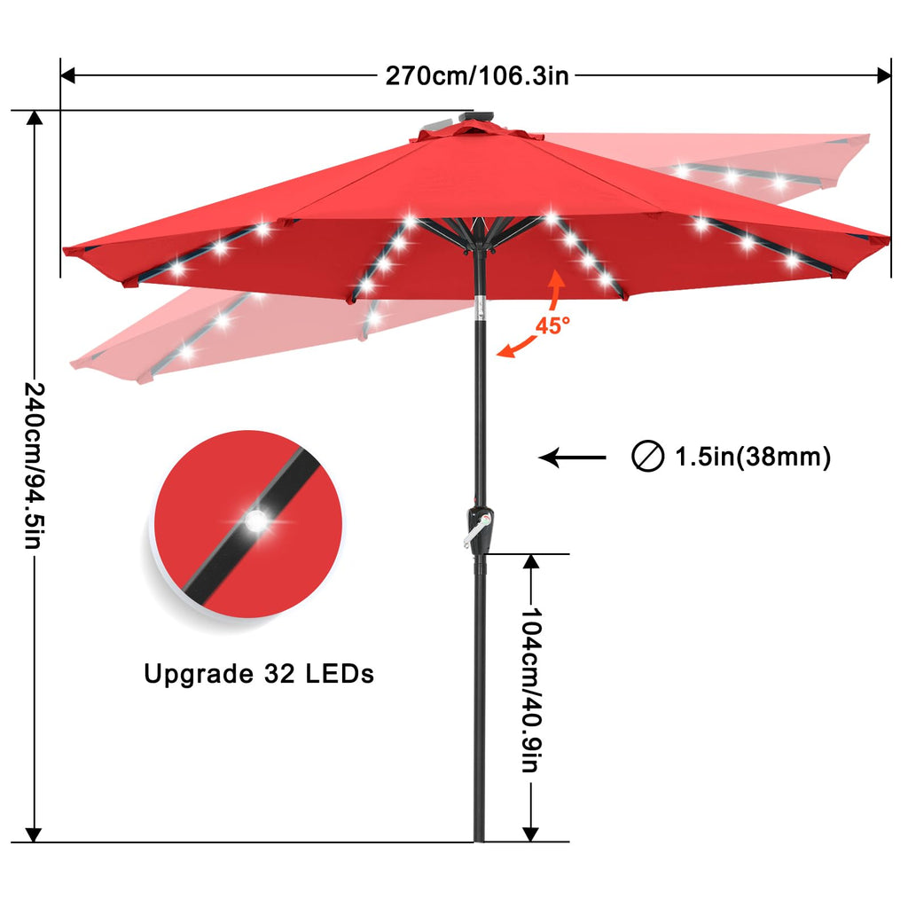 Solar Led Patio Umbrella with 32 Lights 9FT(Red)