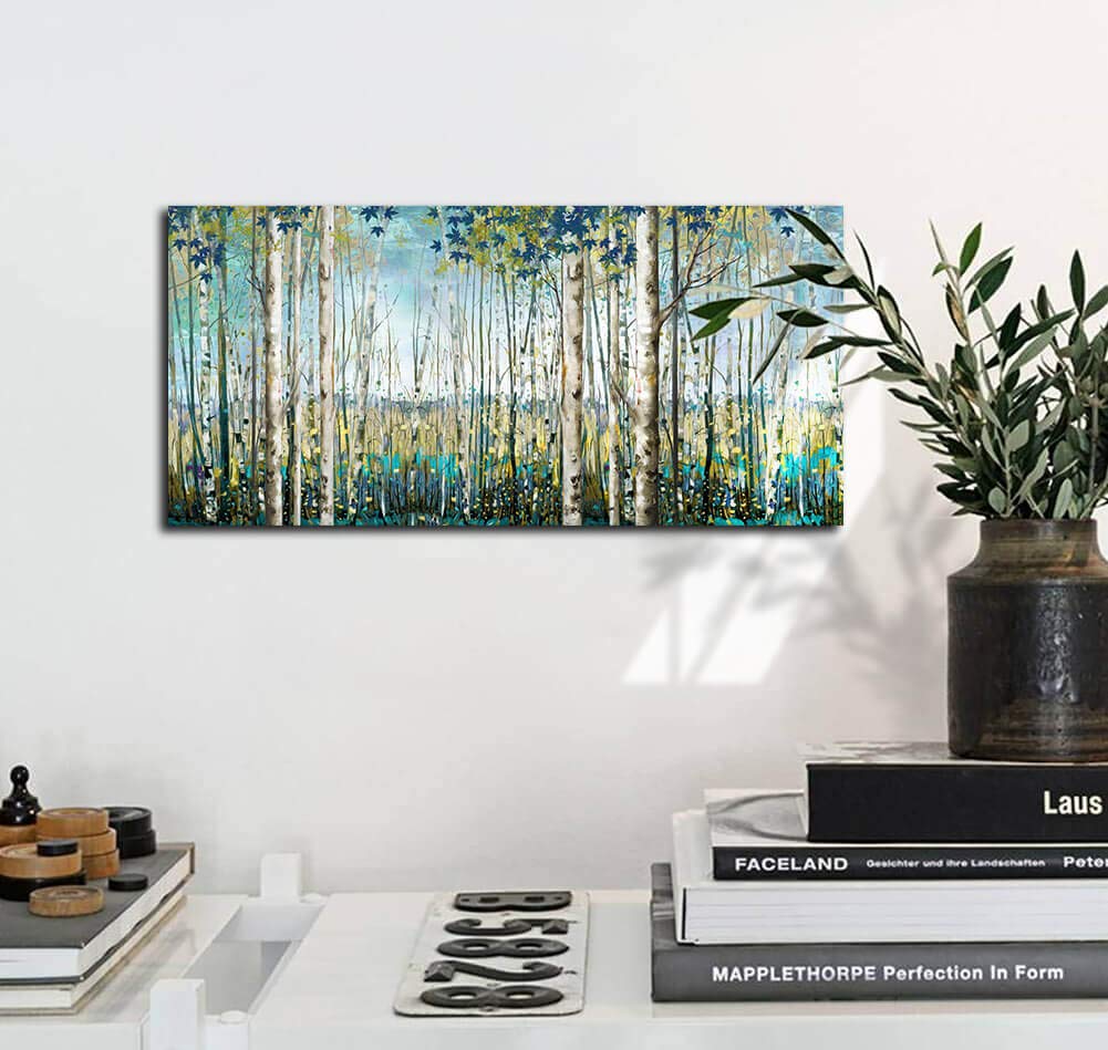 Large Framed Birch Tree Canvas Wall Art Nature Painting Decor | Teal Artwork, and Office Pictures 24×48IN