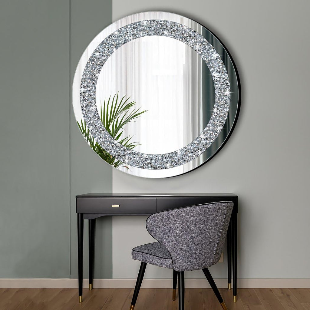 Round Wall Mirror 28x28 inch Crystal Crush Diamond Decor Decoration Silver Mirror.