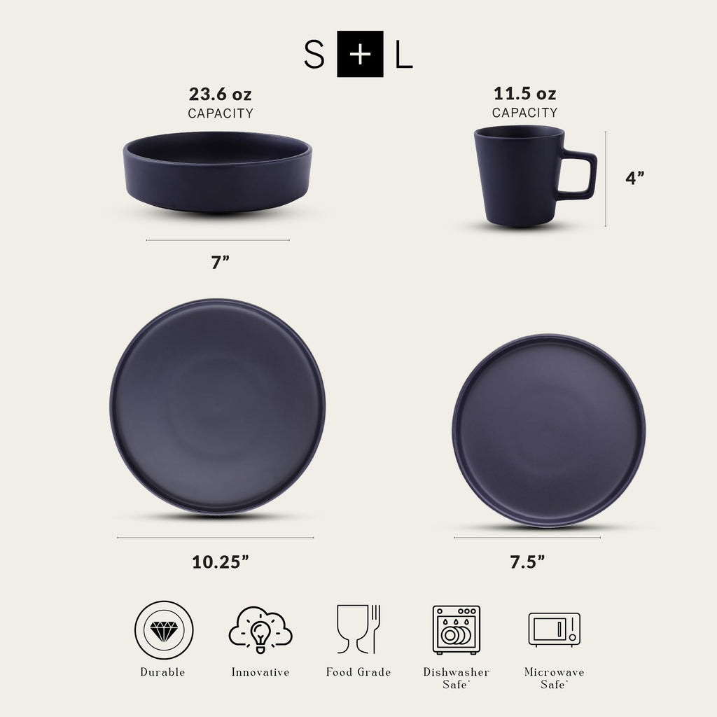 Lain Cleo Modern Stoneware 16-Piece Dinnerware Set, Plates and Bowls Set, Dish Set Service For 4, Dark Blue