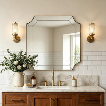 30"x30" Square Bathroom Mirror, Gold Vanity Mirrors for Over Sink, Gold Scalloped Mirror with Glass Pieces, Brass